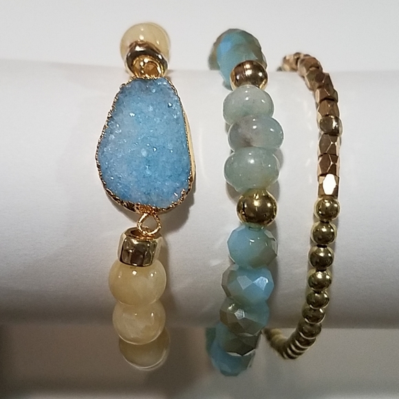 Earthfirejewels Jewelry - Druzy Bracelet Stack Blue Gold Boho Gemstone